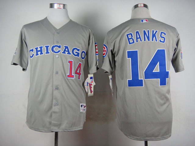 Men Chicago Cubs 14 Banks Grey Throwback 1990 MLB Jerseys